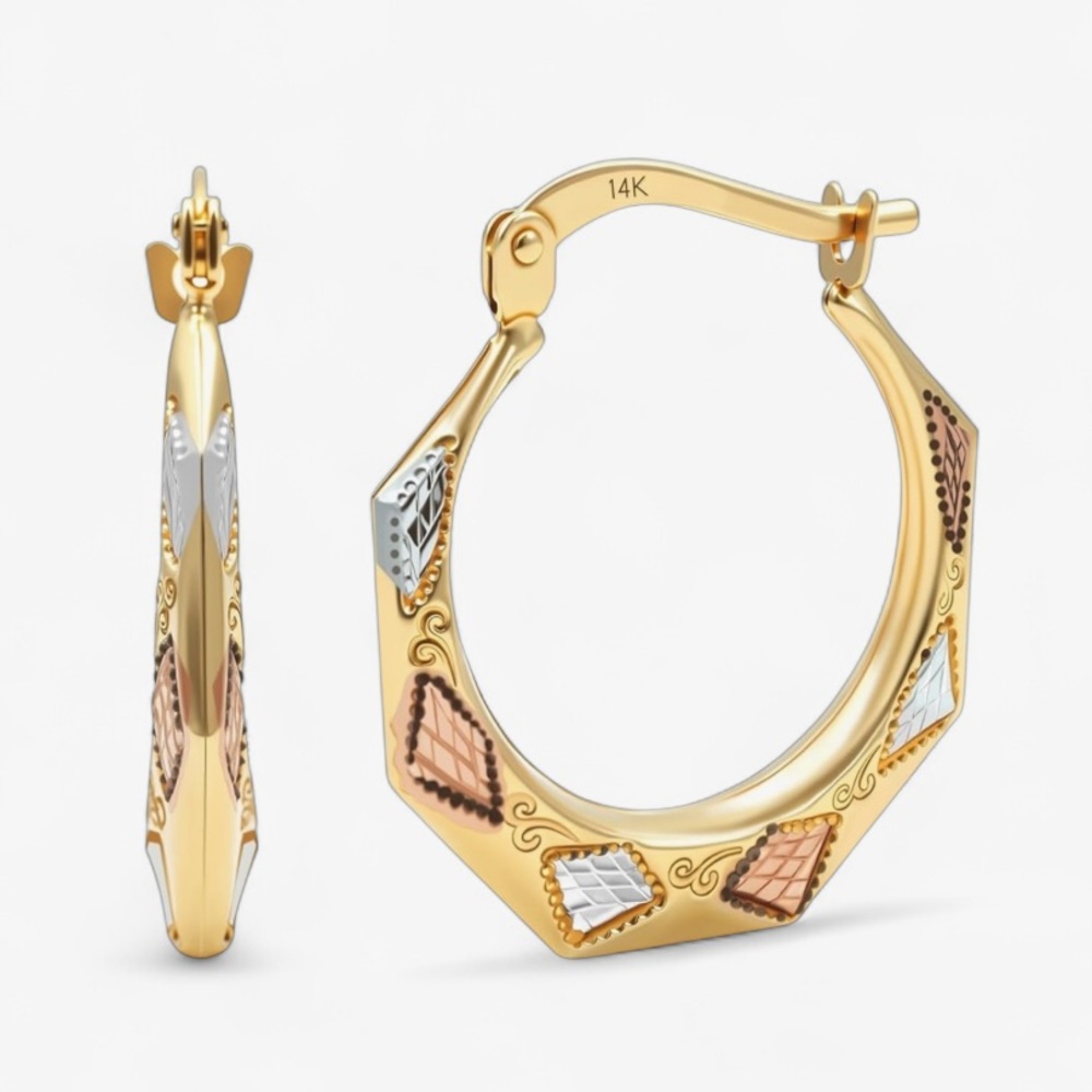 Solid 14K Yellow -White -Rose God Heptagonal Design Hoop Earrings